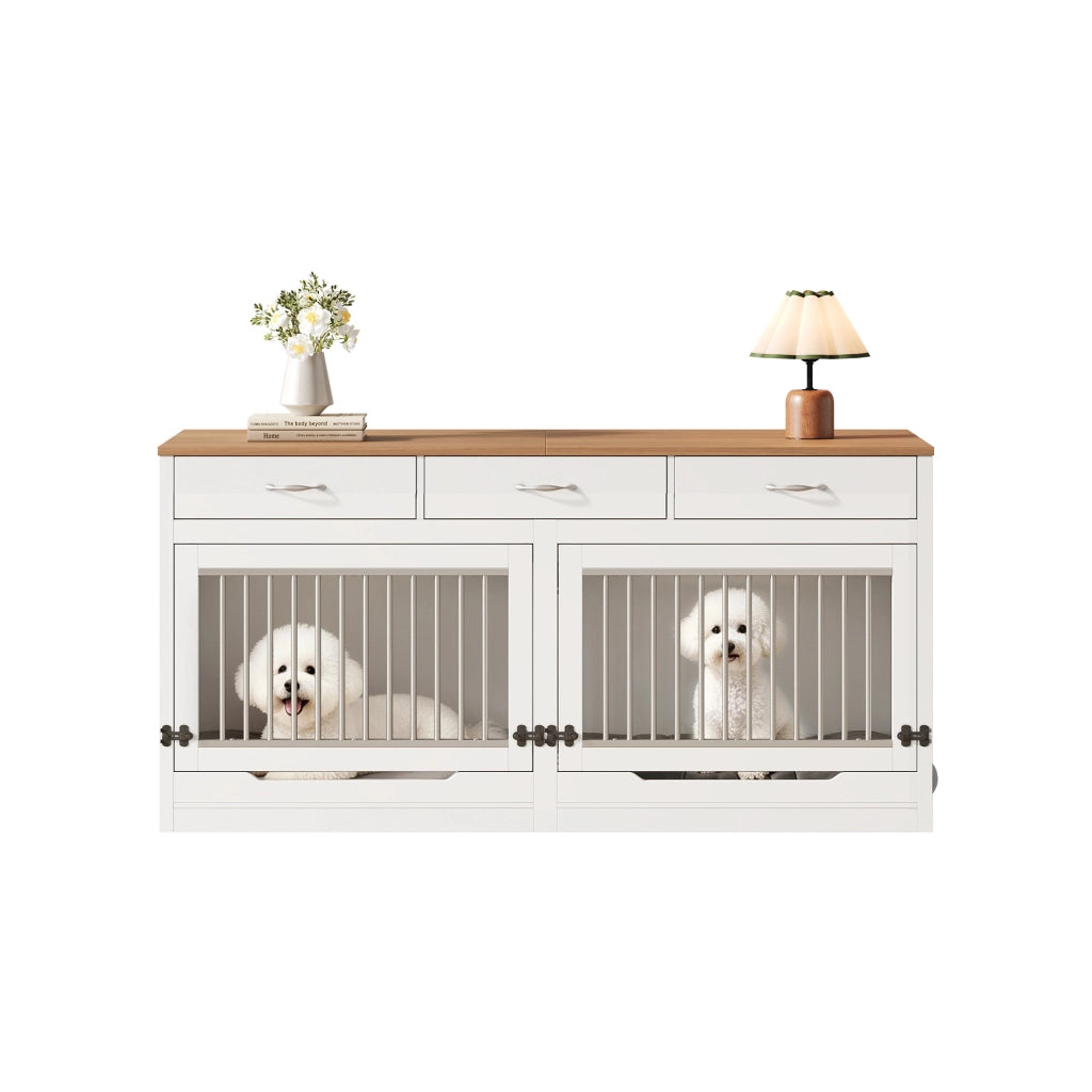 Mobile Gabbia per Cani 164×60×81 cm con Divisorio Rimovibile; 3 Cassetti e Porta Ribaltabile; Bianco Legno