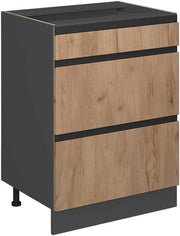 Mobiletto base per cucina R-Line, Quercia dorata, 60 cm Forma a J, con cassetti, senza piano di lavoro, per la libera combinazione all'interno di sistemi cucina modulari