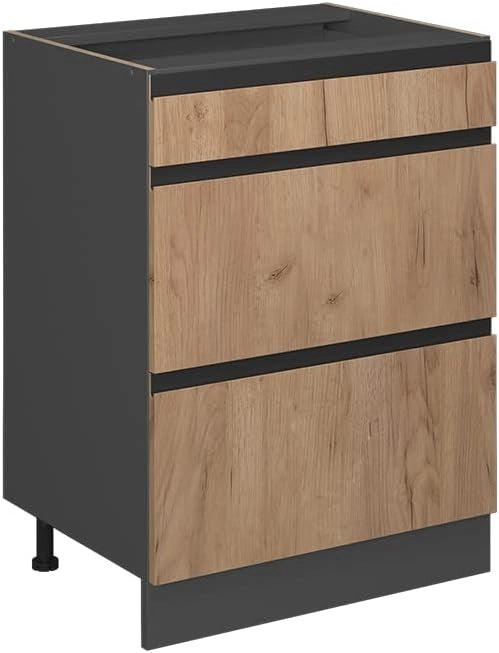 Mobiletto base per cucina R-Line, Quercia dorata, 60 cm Forma a J, con cassetti, senza piano di lavoro, per la libera combinazione all'interno di sistemi cucina modulari