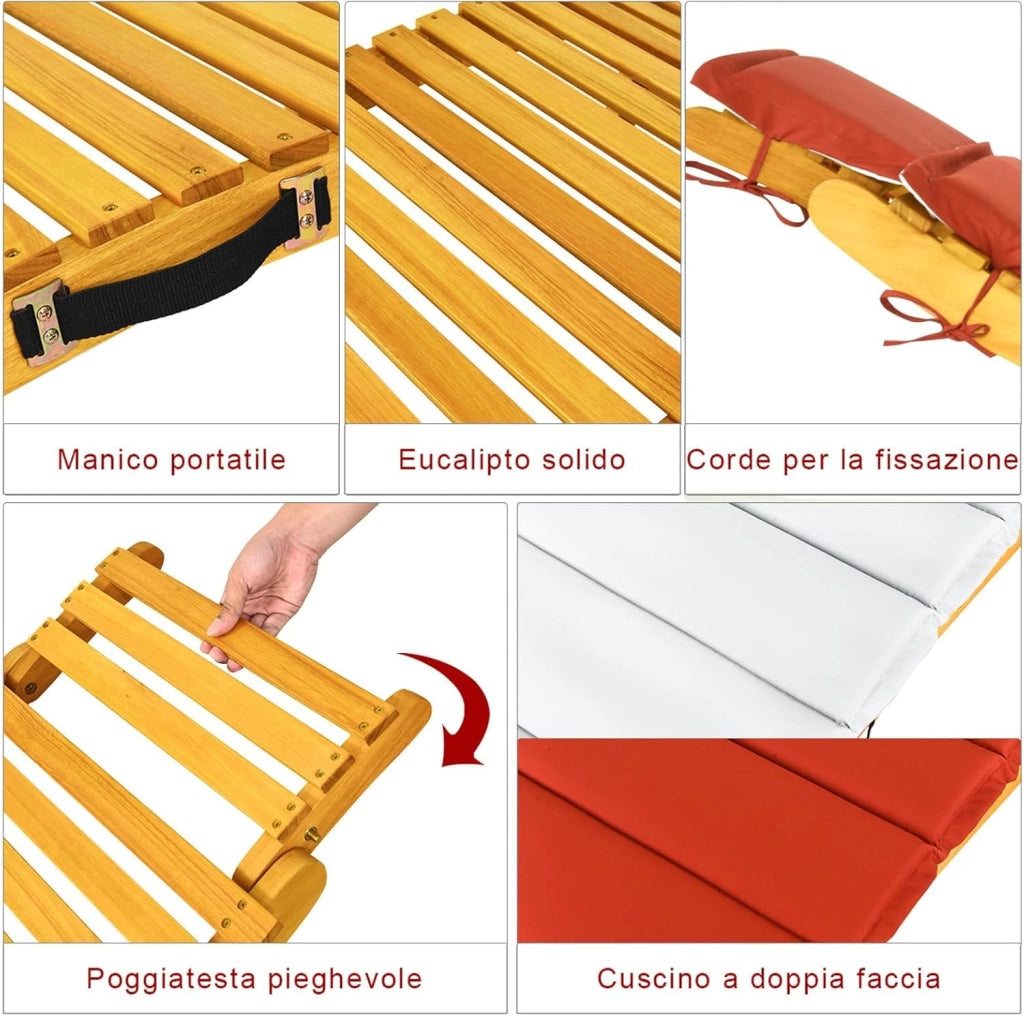 Lettino Prendisole Pieghevole per Giardino, Sedia a Sdraio Pieghevole da Esterno in Legno, Lettino da Esterno con Cuscino per Giardino, Prato, Cortile, Portata 180 kg, 190 x 55 x 52 cm (1)