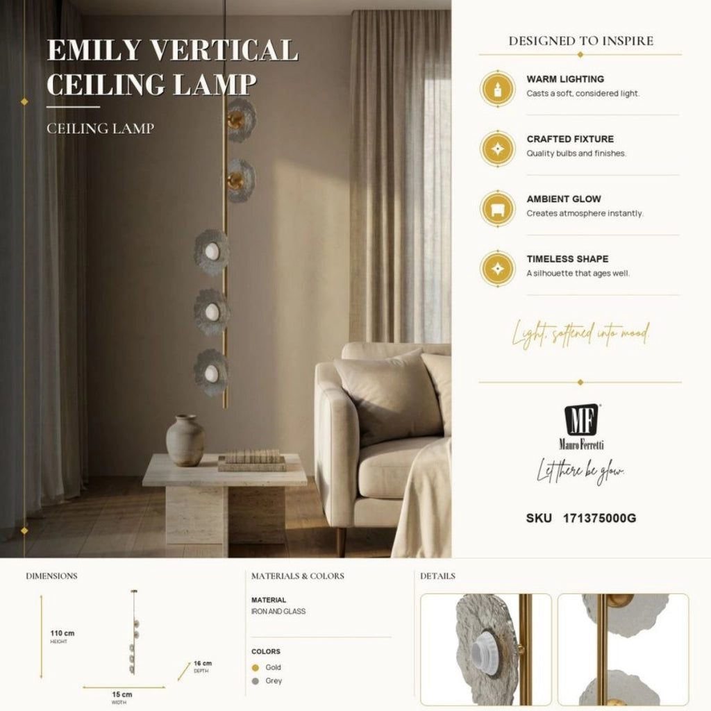 Lampadario verticale Emily in metallo dorato e vetro grigio fume'