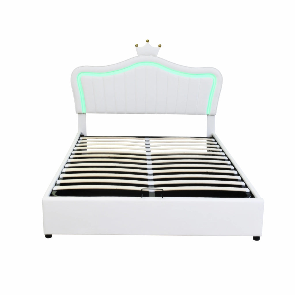 Letto Singolo Imbottito con LED e Contenitore ¨C MINIMAL ¨C Bianco, PU, 140x200