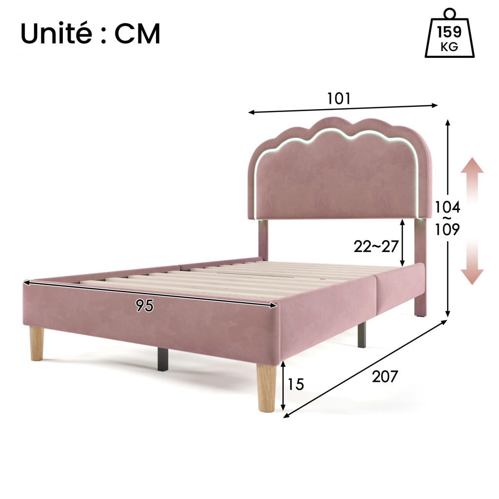 Letto Singolo 90 x 200 cm; Letto con Testiera Regolabile e LED; senza Materasso; in Velluto; Rosa