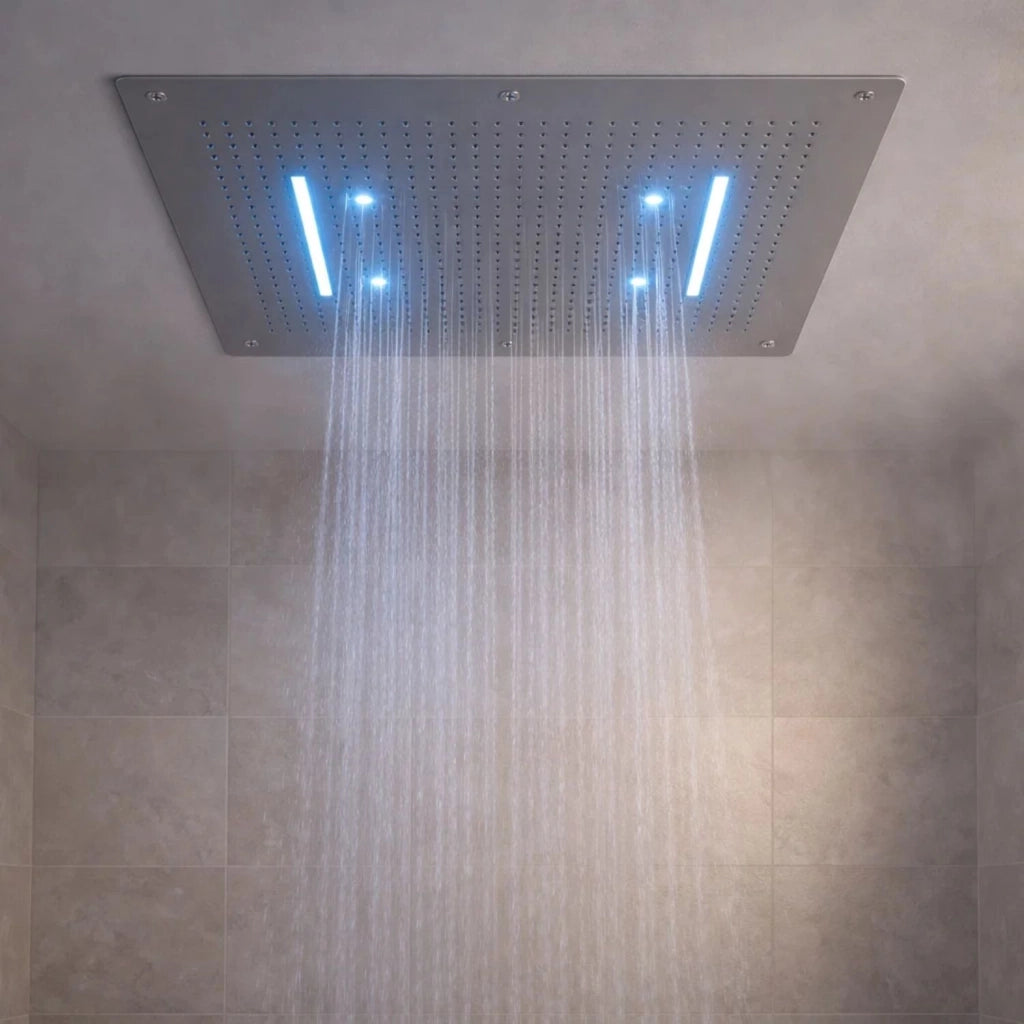 Soffione doccia led a incasso a soffitto installazione con cascata materiale acciaio inox rettangolare