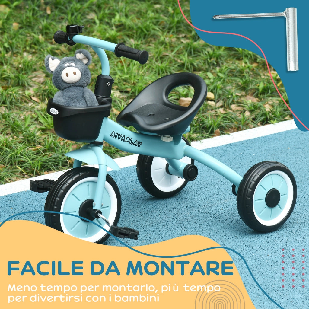 Triciclo per Bambini da 2-5 Anni con Seduta Regolabile e Campanello, 70.5x50x58cm, Blu
