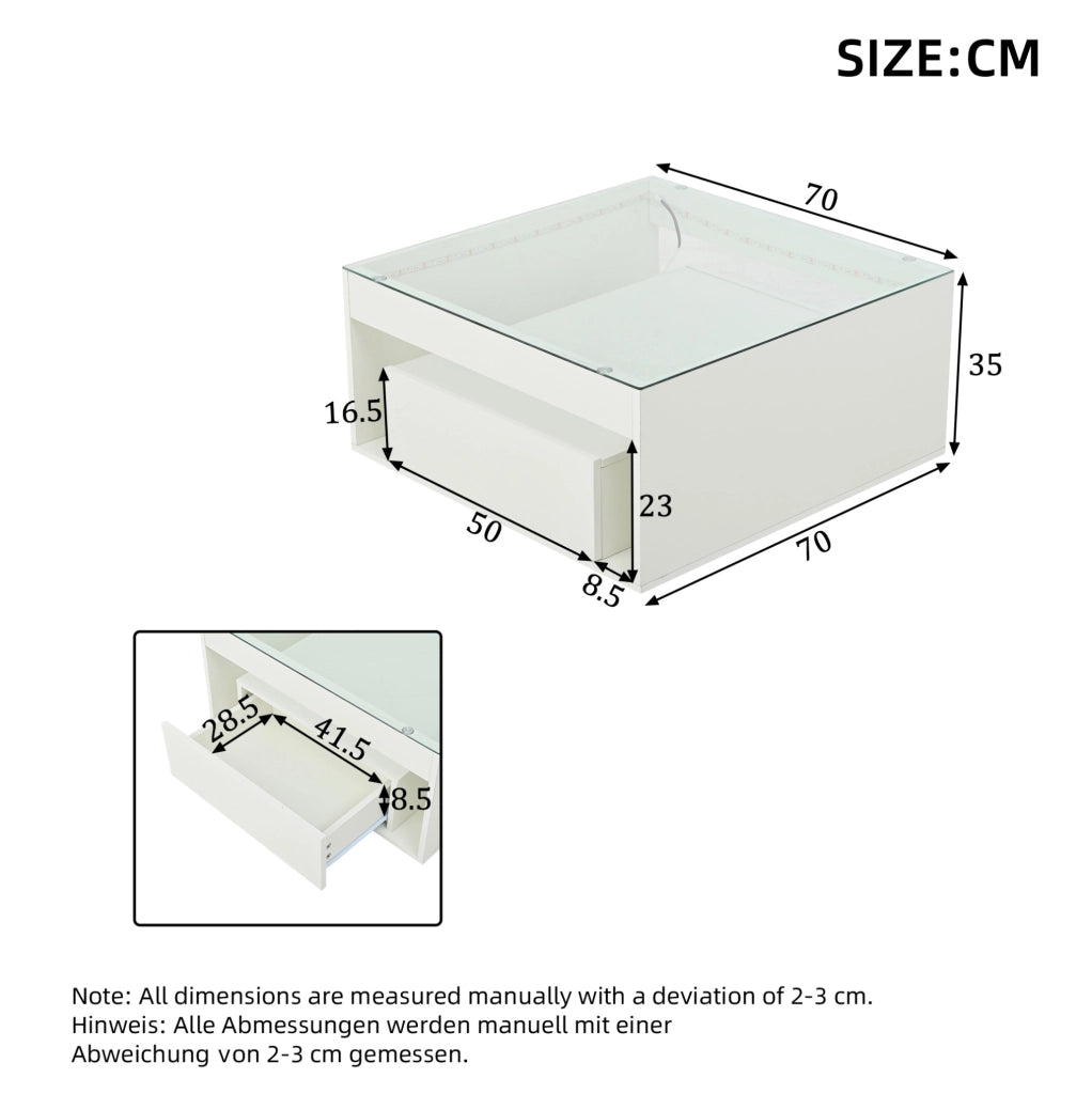 Tavolino da salotto 70 x 70 x 35 cm in MDF bianco con piano in vetro temperato; LED e 2 cassetti