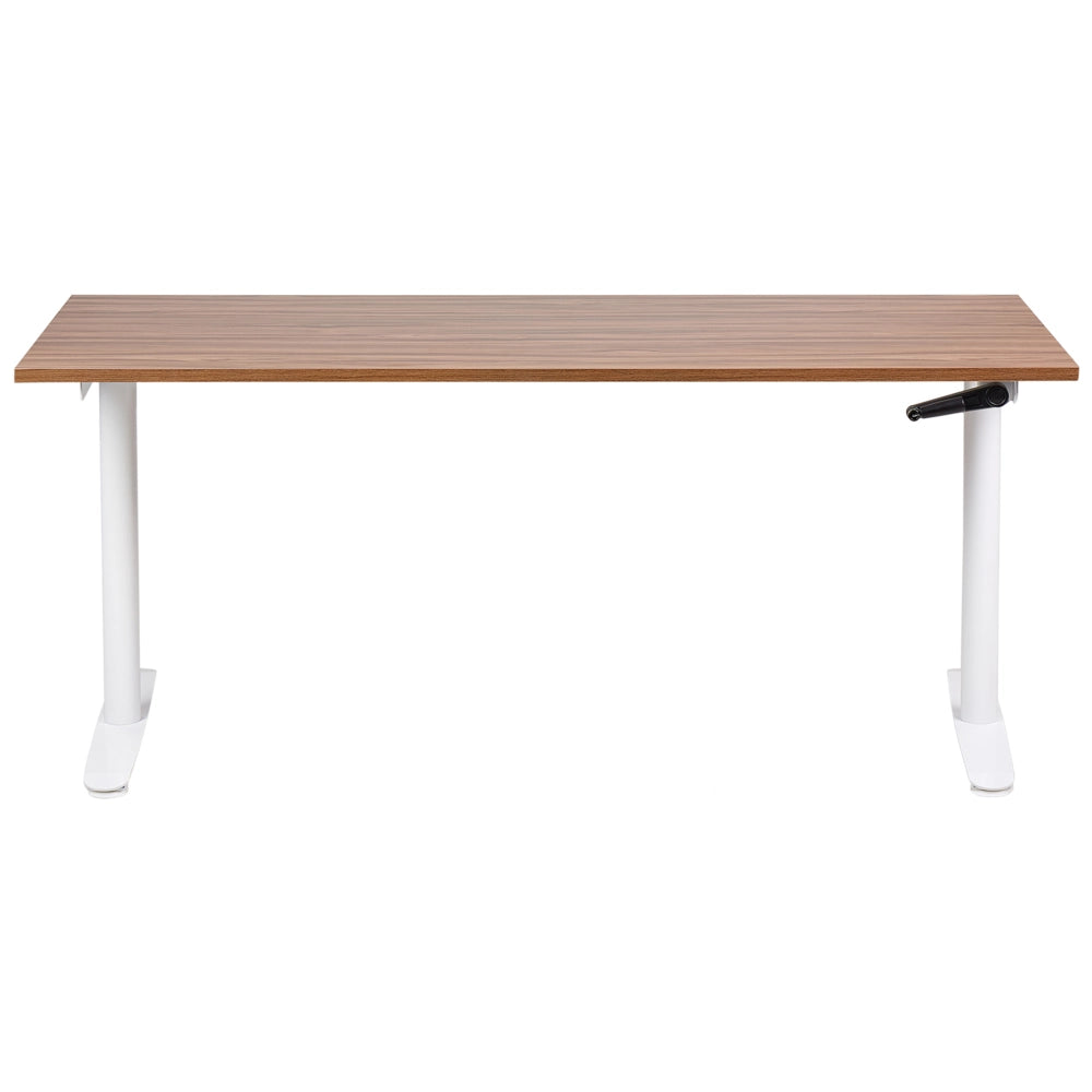 Scrivania regolabile manualmente piano in legno scuro e bianco struttura in acciaio verniciato a polvere sedersi e stare in piedi 160 x 72 cm