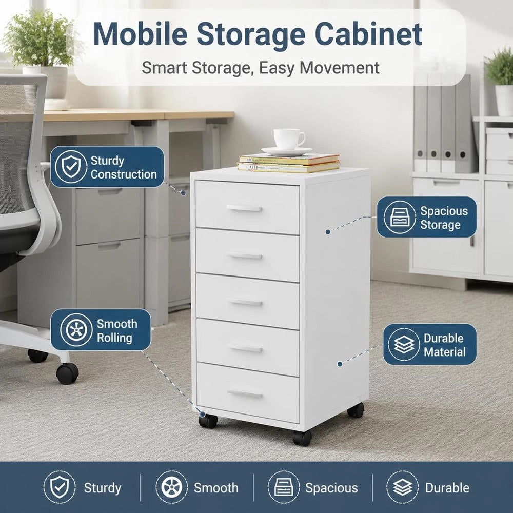 Office Drawer Cabinet On Casters, 5 Drawers, White