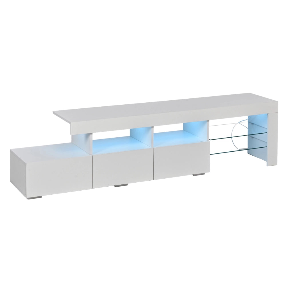 Mobile TV 180x35x45 cm con illuminazione LED; frontale lucido; 3 cassetti; in MDF e truciolare; bianco