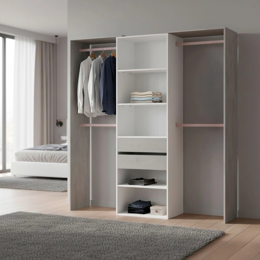 Armadio Guardaroba Da Terra Senza Porte Con 4 Barre Appendiabiti 4 Ripiani E 2 Cassetti Design Salvaspazio Per Camera Da Letto Cabina Armadietto 203 X 50 X 179 Cm Bianco Opaco Grigio Cemento