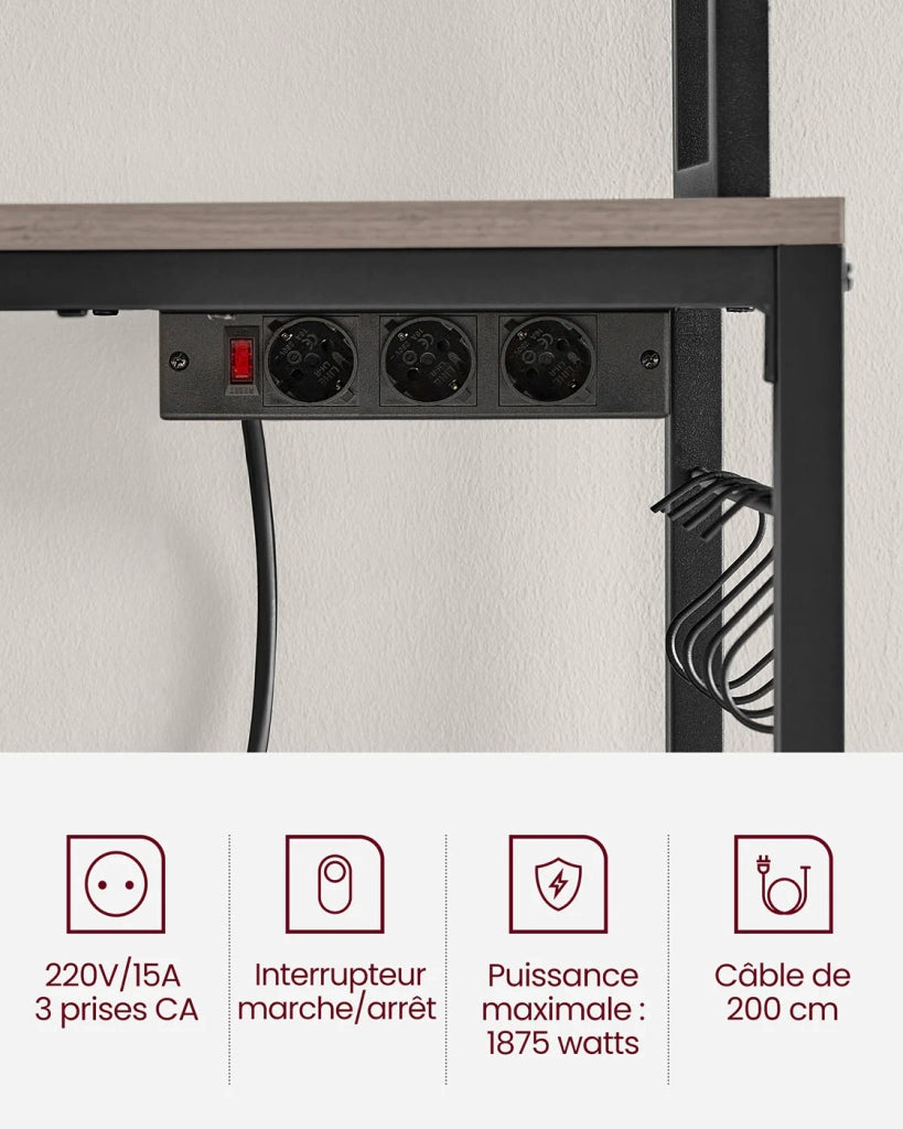 Mensola da cucina con multipresa supporto per microonde ripiano portaoggetti con pannello in rete metallica 14 ganci 40 x 80 x 170 cm marrone 12_0005672