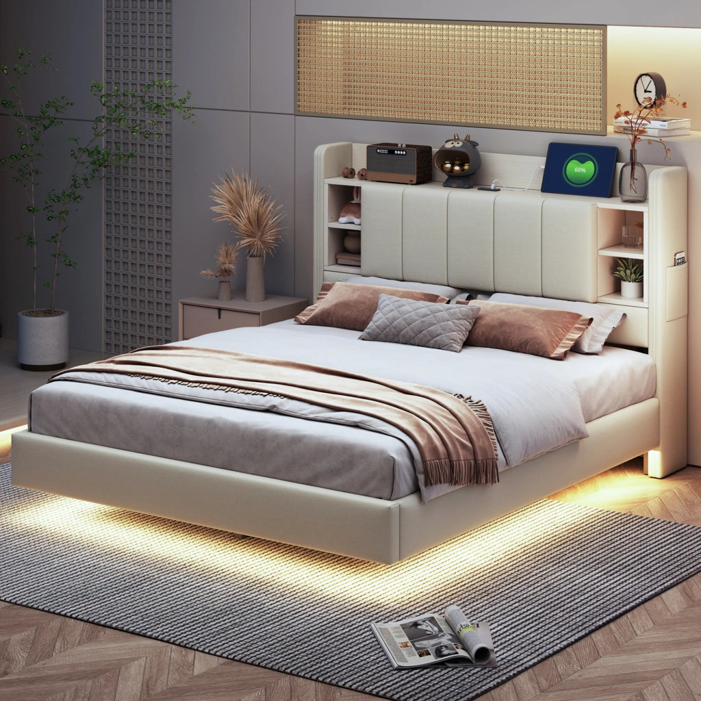 LETTO 140x200 cm Beige con LED e USB