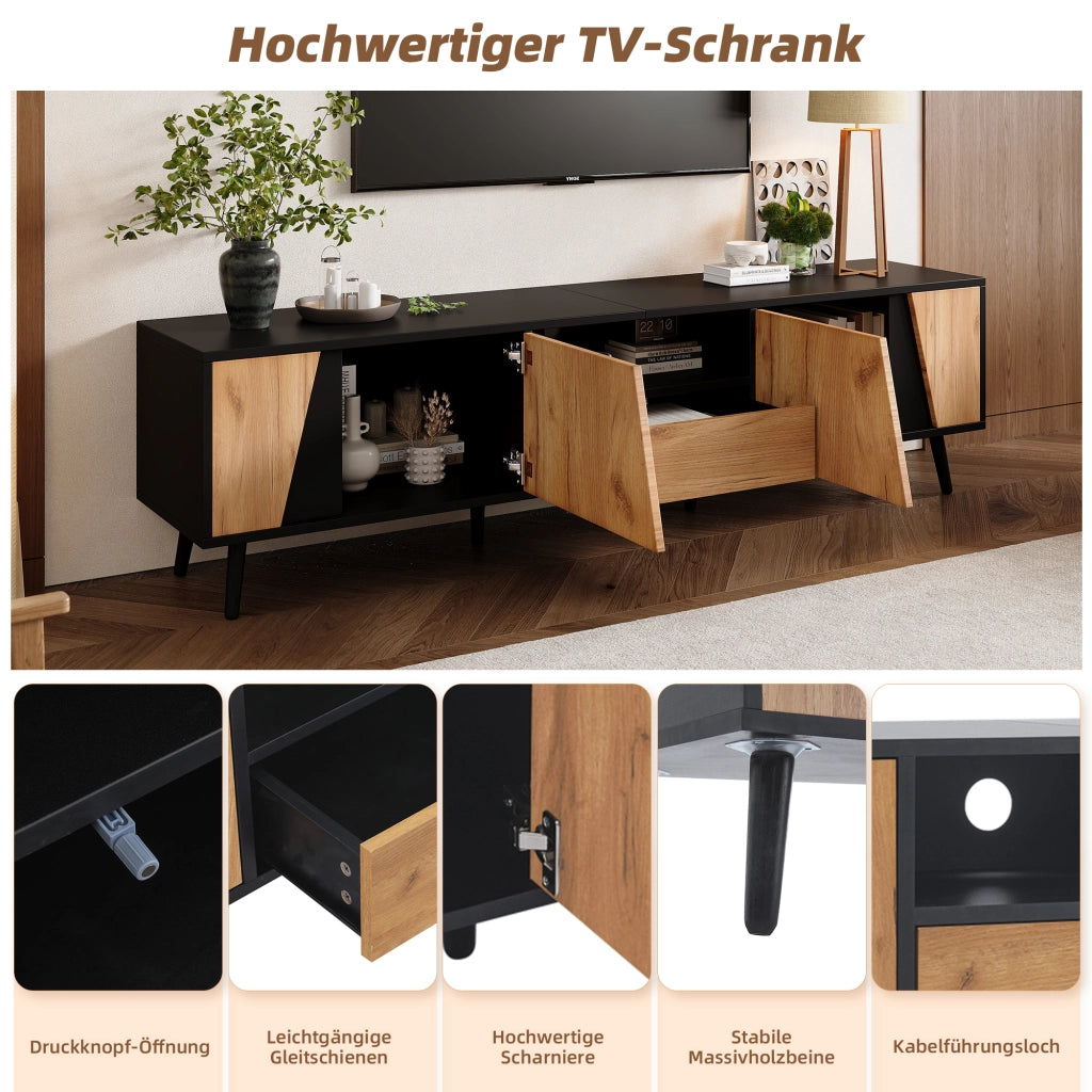 Lowboard TV nero e legno naturale in truciolare 180 cm
