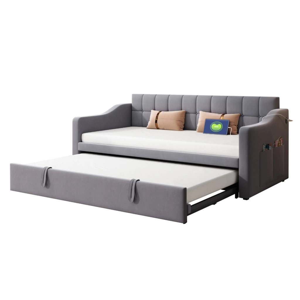 Letto imbottito estraibile 90x190 cm grigio in velluto con porte USB e struttura in metallo e legno