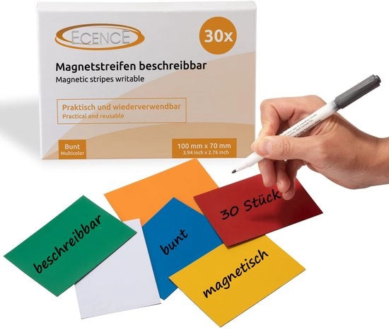 Strisce magnetiche, descrittabili, 30 pezzi - 100 mm x 70 mm - Piatti magnetici lavabili - Etichette magnetiche tagliabili per lavagne, frigoriferi, lavagne magnetiche - Colorate