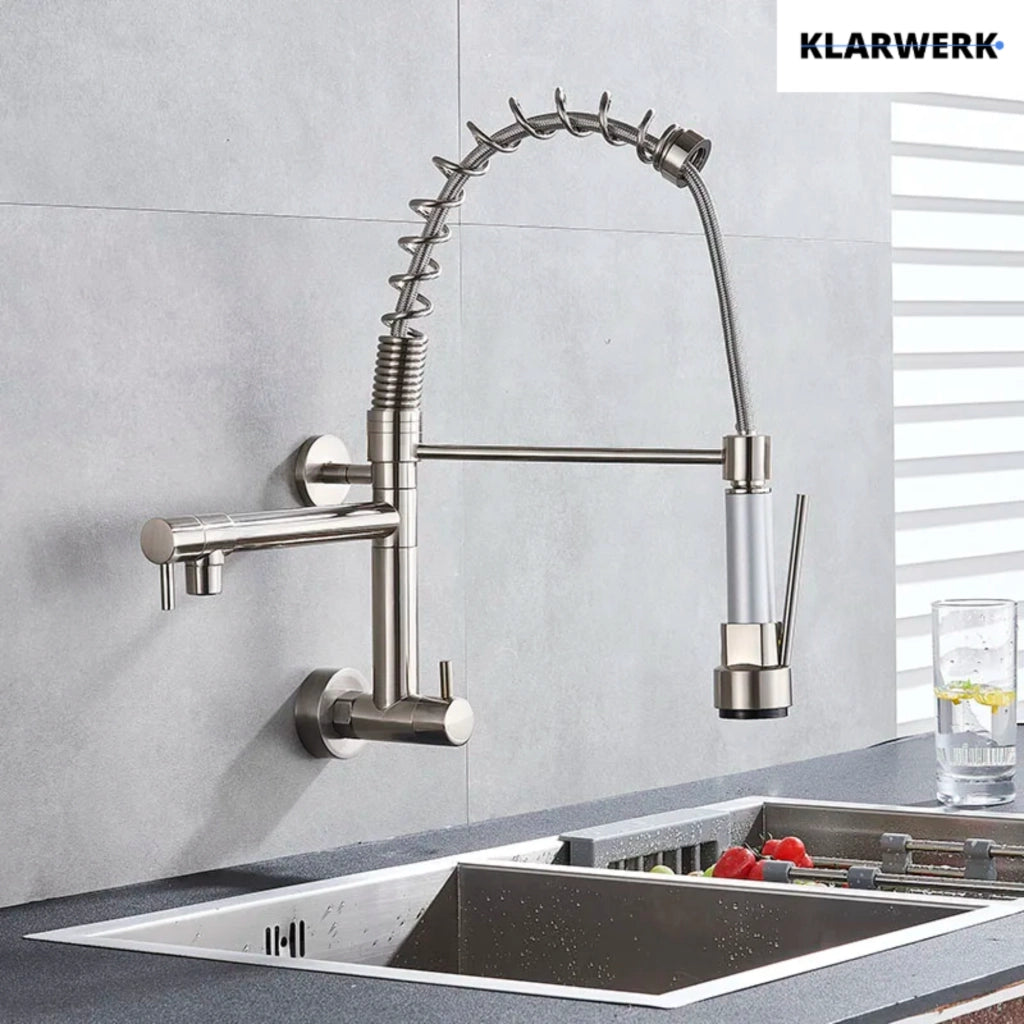 Björn|Catering Rubinetto monoforo a parete per acqua fredda argento| professionale da cucina in acciaio inox due docce| doppio lavello ristorante