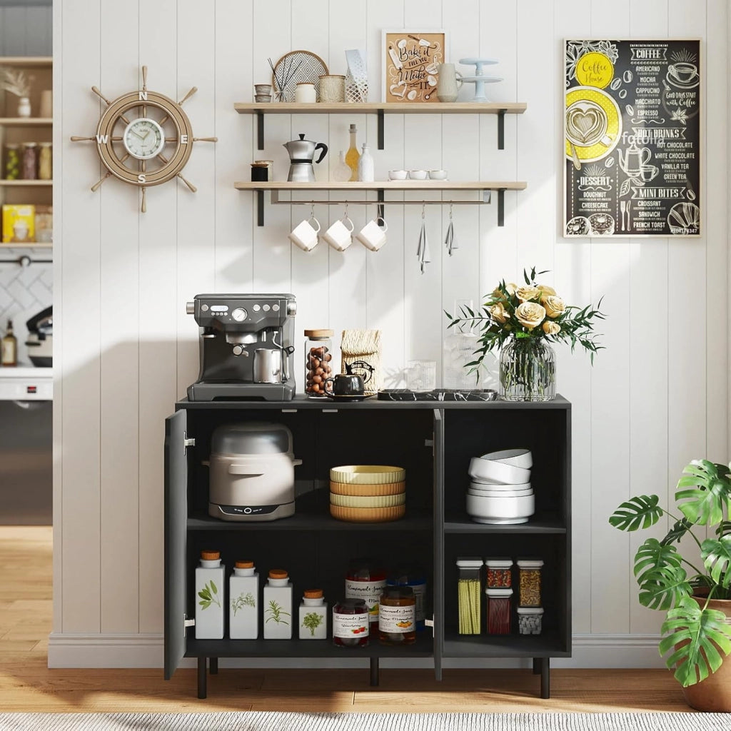 Credenza a buffet da cucina con 2 ante, armadio con ripiani regolabili e gambe metalliche, 106 x 38 x 80 cm, con kit antiribaltamento, mobile per sala da pranzo, soggiorno (nero)