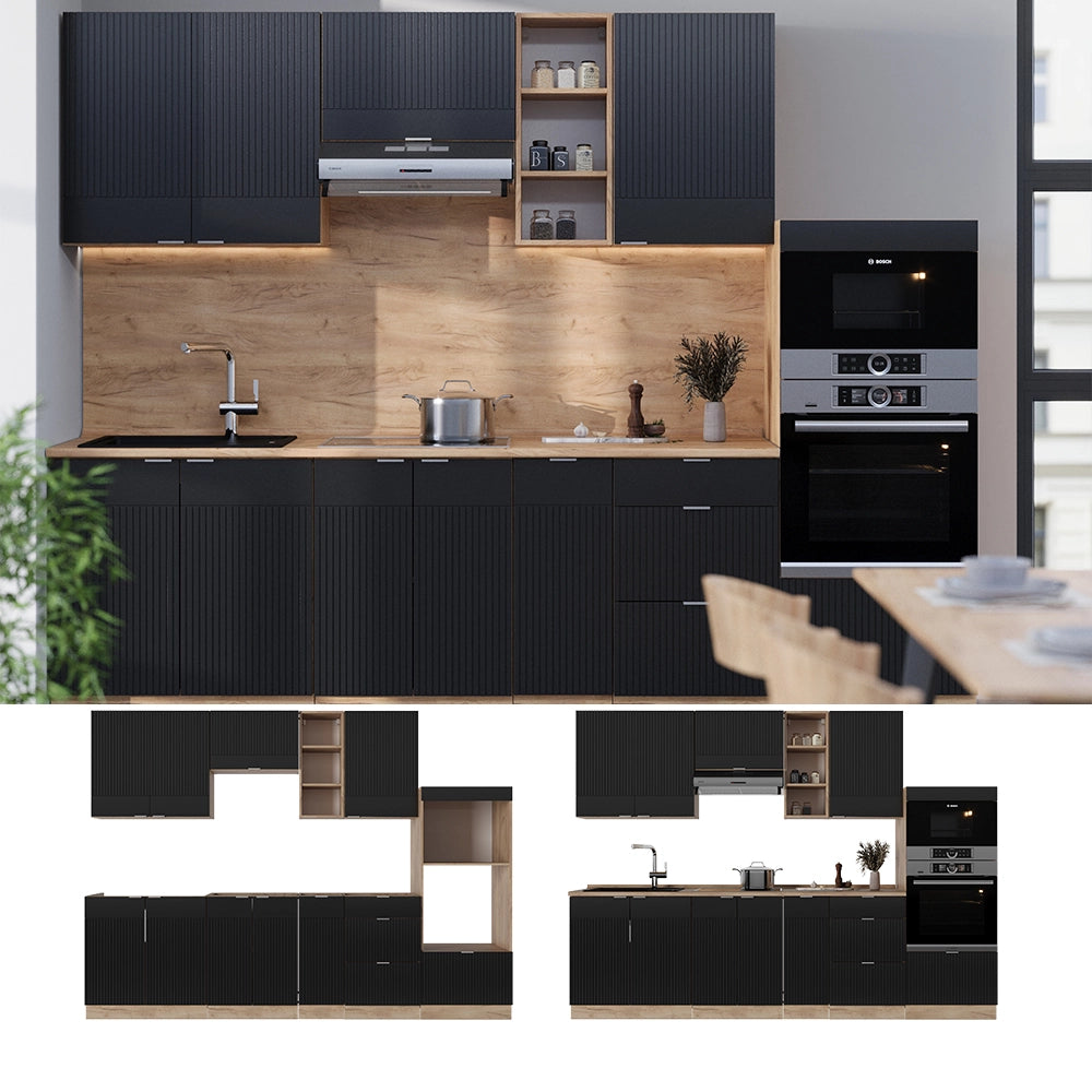 Cucina componibile Fame-Line Nero rigato/Rovere dorato 280 cm senza piano di lavoro Vicco