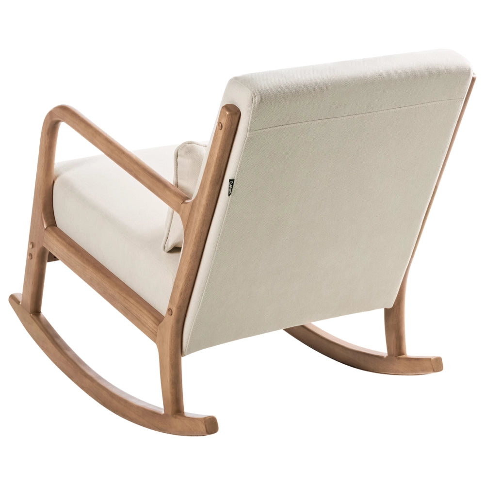 Sedia a dondolo Beige Chiaro Tessuto Gambe in legno con braccioli e cuscino Soggiorno classico tradizionale