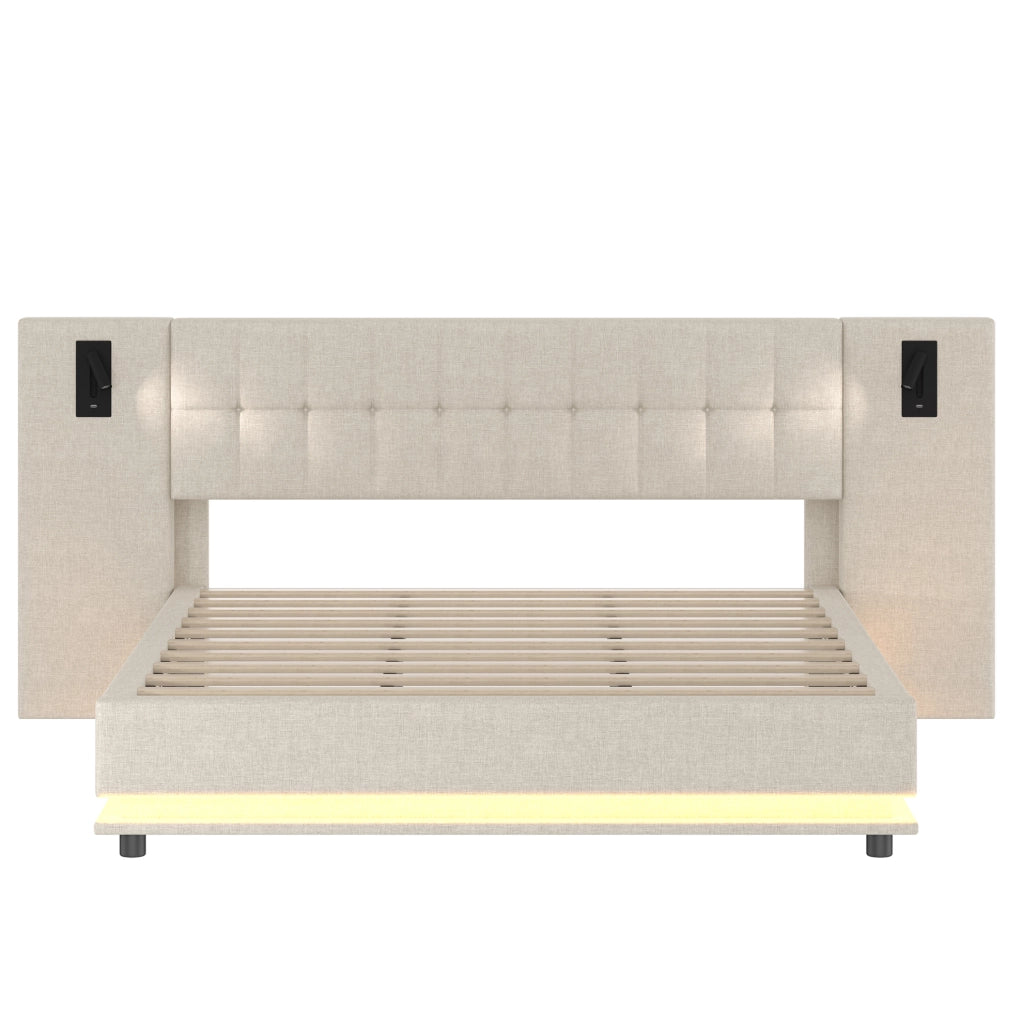 Letto imbottito 180x200 cm con LED; testiera con spot e USB; in lino beige