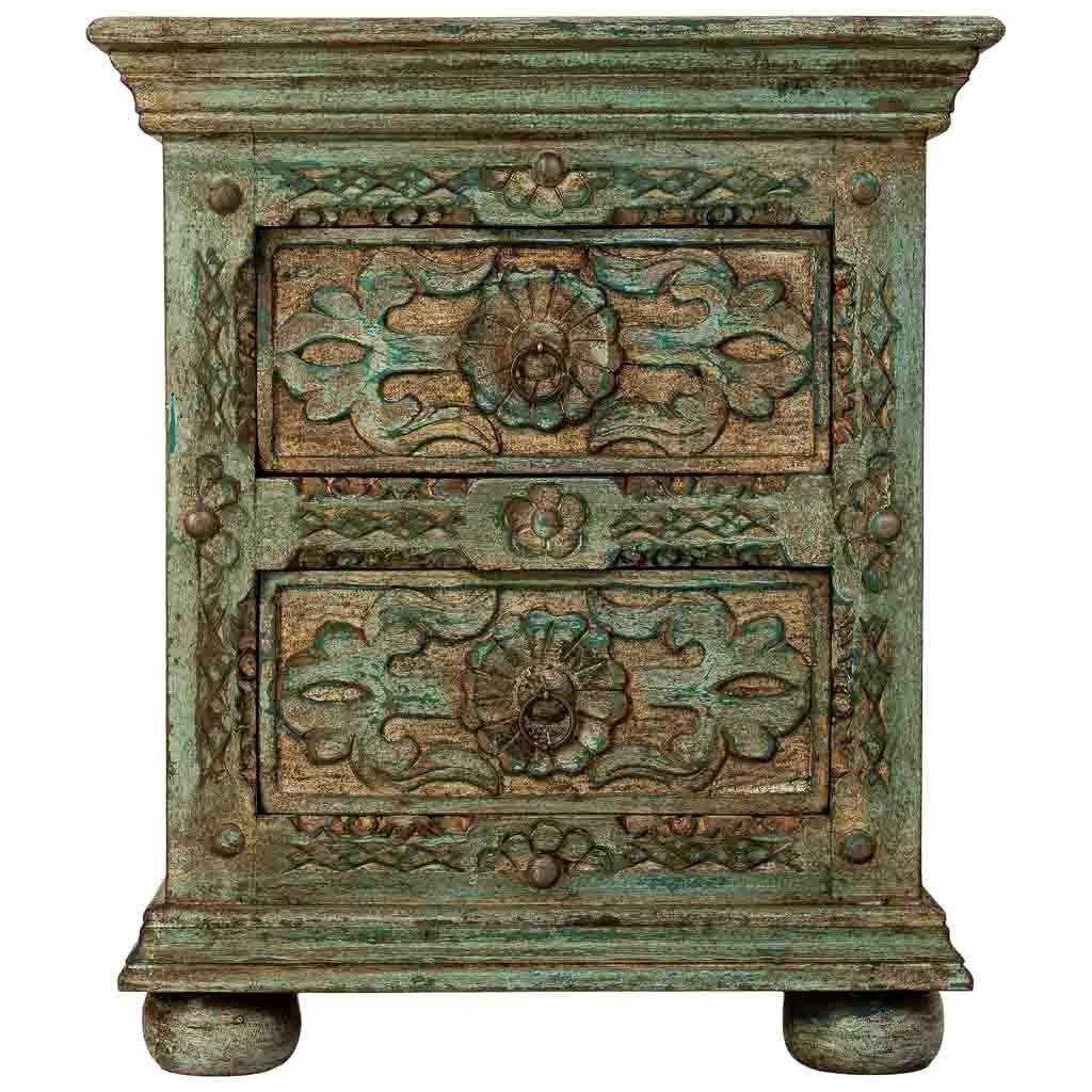 Comodino in legno artigianale, blu, con 2 cassetti, 50x40x60h cm
