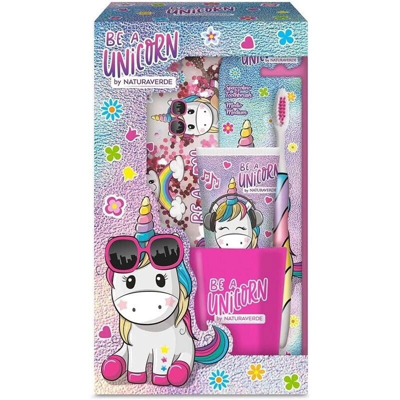 UNICORNO COFANETTO REGALO CON SPAZZOLINO DA DENTI MANUALE CON SETOLE MEDIE E DENTIFRICIO ALLA FRAGOLA, 75 ML