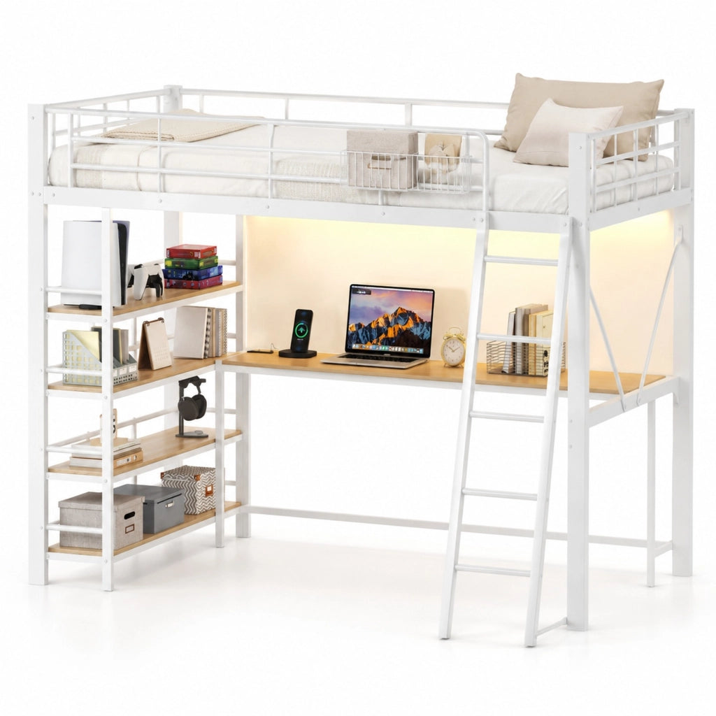 Letto a soppalco 140x200 cm con scrivania; LED e scaffale in MDF e metallo bianco
