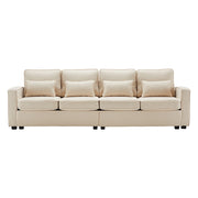Divano Lineare 4 Posti con Tasche Laterali e 4 Cuscini; Schienale Alto Comfort; Struttura in Legno e Metallo in Lino Beige