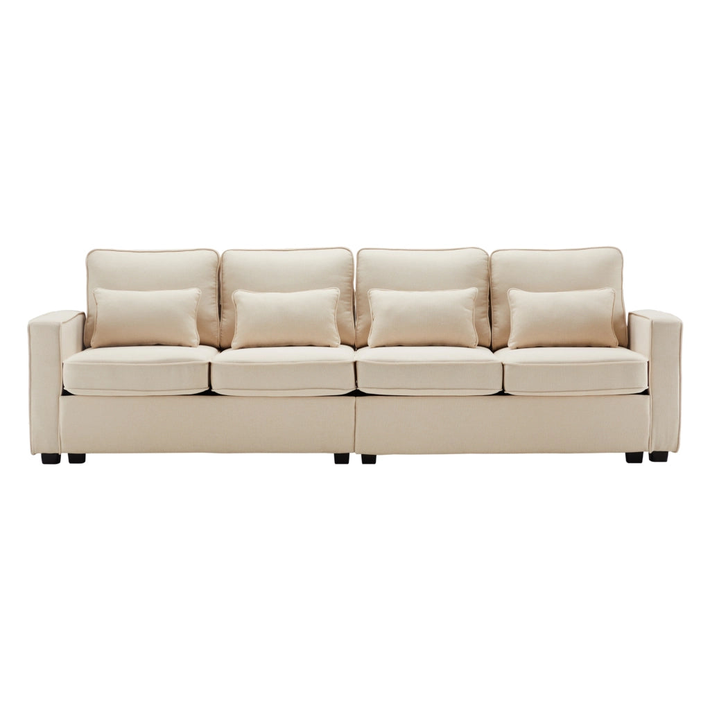 Divano Lineare 4 Posti con Tasche Laterali e 4 Cuscini; Schienale Alto Comfort; Struttura in Legno e Metallo in Lino Beige