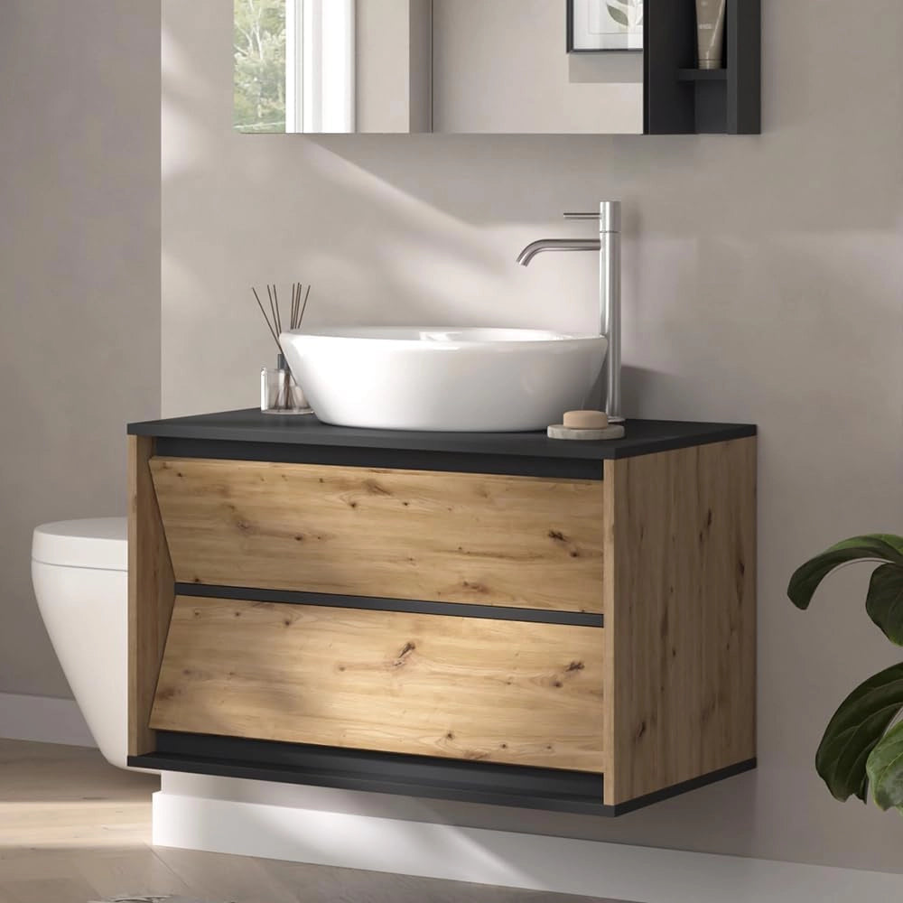 Mobile sottolavabo per bagno Edelin, Antracite/Artisan, 80 x 50 cm con 2 cassetti
