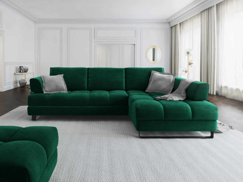 Cosmopolitan Design - Divano convertibile angolare destro con contenitore "Clinton" 5 posti in velluto verde bottiglia 