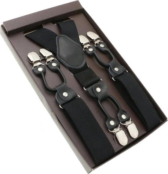 Bretelle elegante per uomo - nero uniforme - con pelle nera - 6 clip supplementari robuste