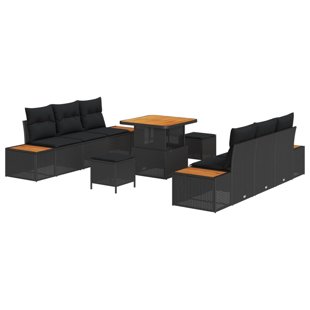 Set di divani da giardino 9 pezzi con cuscini Polyrattan nero Acacia