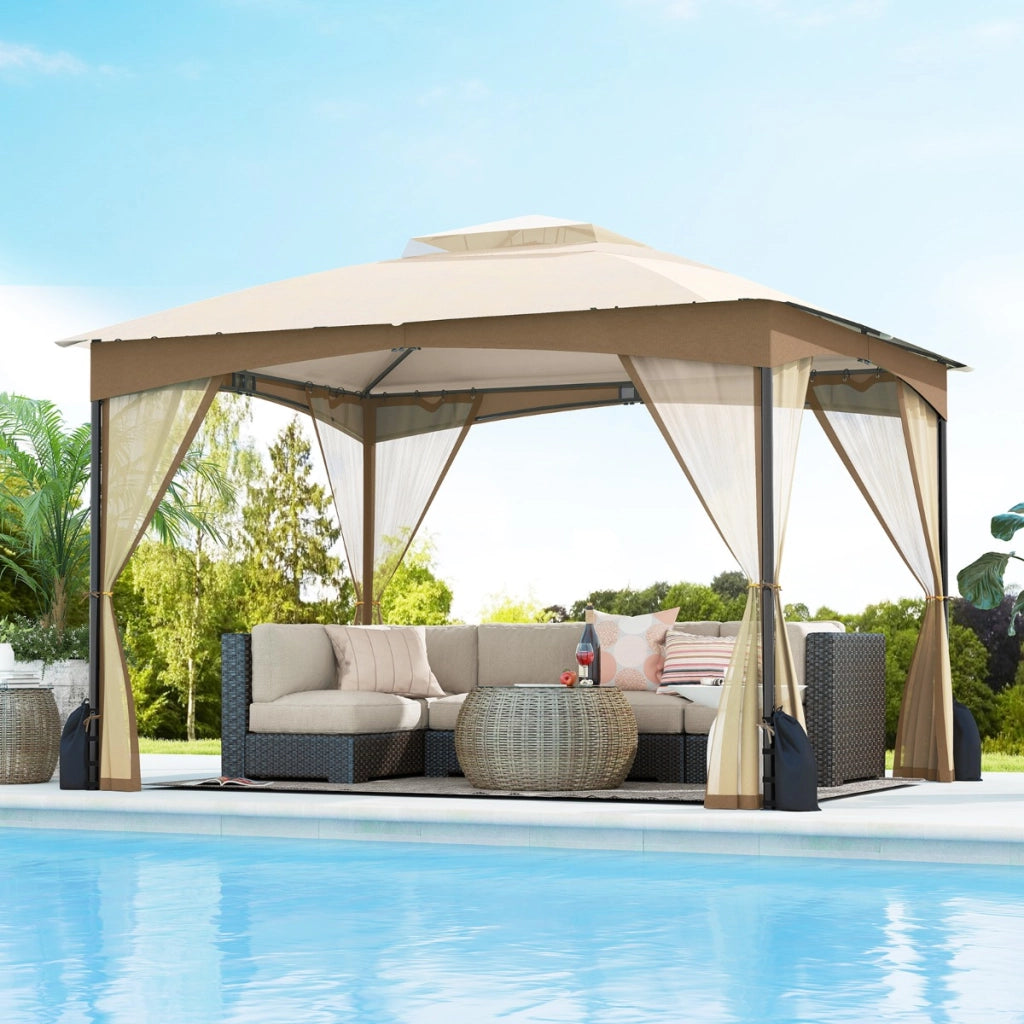 Gazebo da patio tetto morbido a doppia copertura con 4 sacchetti di sabbia, Gazebo da patio 3 x 3,6 m per prato giardino all'aperto Sabbia-Gazebo