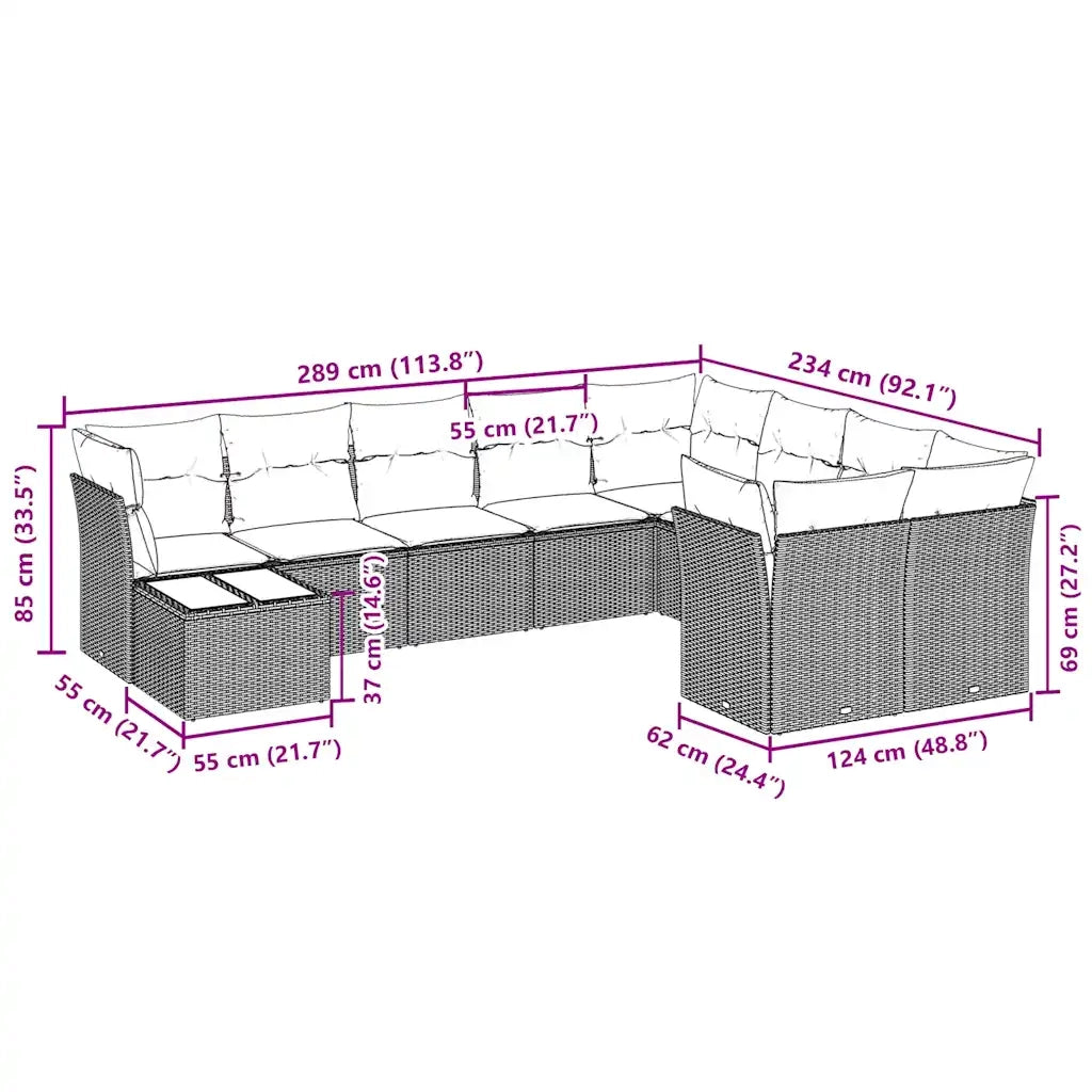 Set Divano Giardino 10 pz con Cuscini Grigio Chiaro Polyrattan