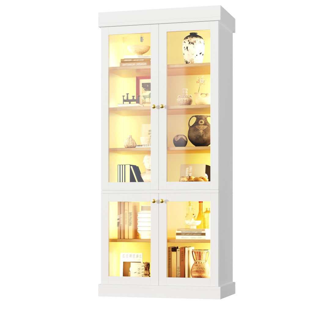 Armadio alto con LED, 2 sistemi antiribaltamento e ripiani regolabili, in MDF e vetro, bianco, 80 × 40 × 180 cm