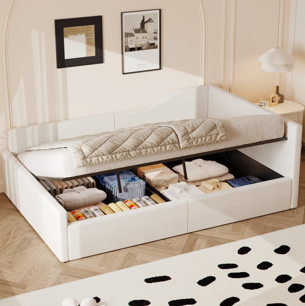 Letto da giorno imbottito 140x200 cm con contenitore, beige