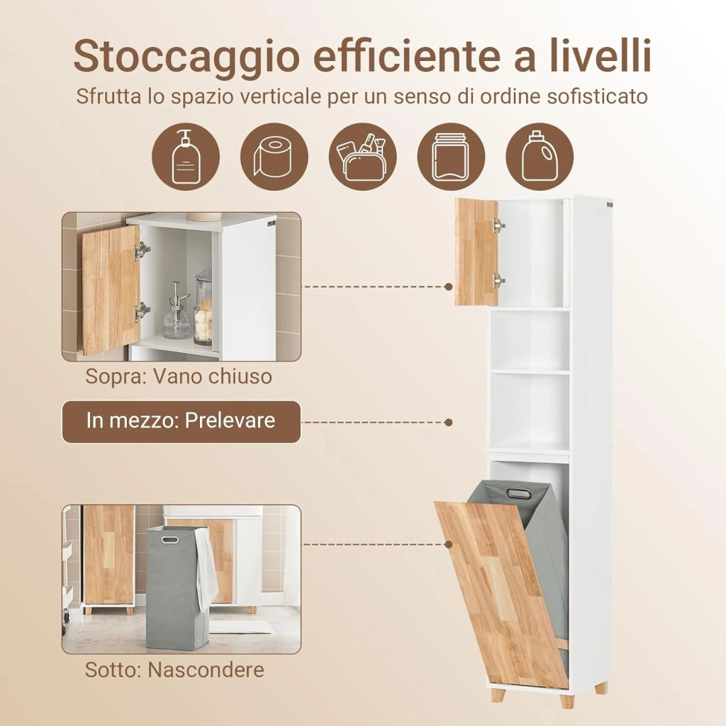Mobile Bagno - Mobiletto Bagno Salvaspazio con Cesto Portabiancheria Pieghevole, Mobile Alto e Stretto in Legno Resistente all’Umidità, Bianco, 31x170x32 cm, BZR74-W