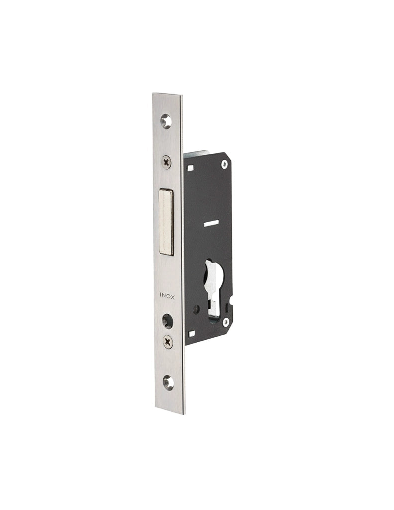 Serratura da incasso a cilindro per infissi metallici, asse 27mm, solo catenaccio, piastra quadra, inox - THIRARD