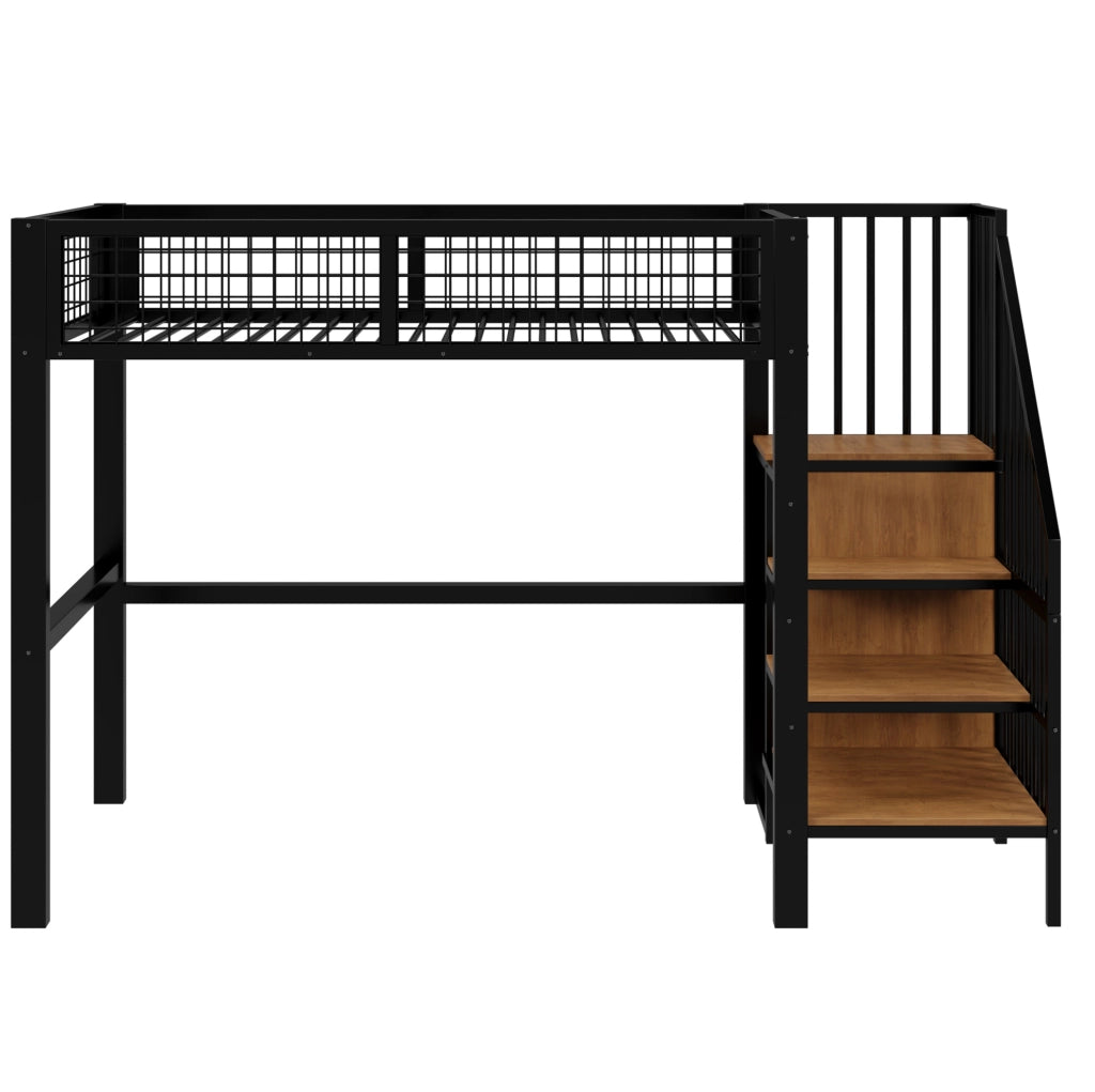 Letto a soppalco 90x200 cm con scala di sicurezza e armadio in metallo nero