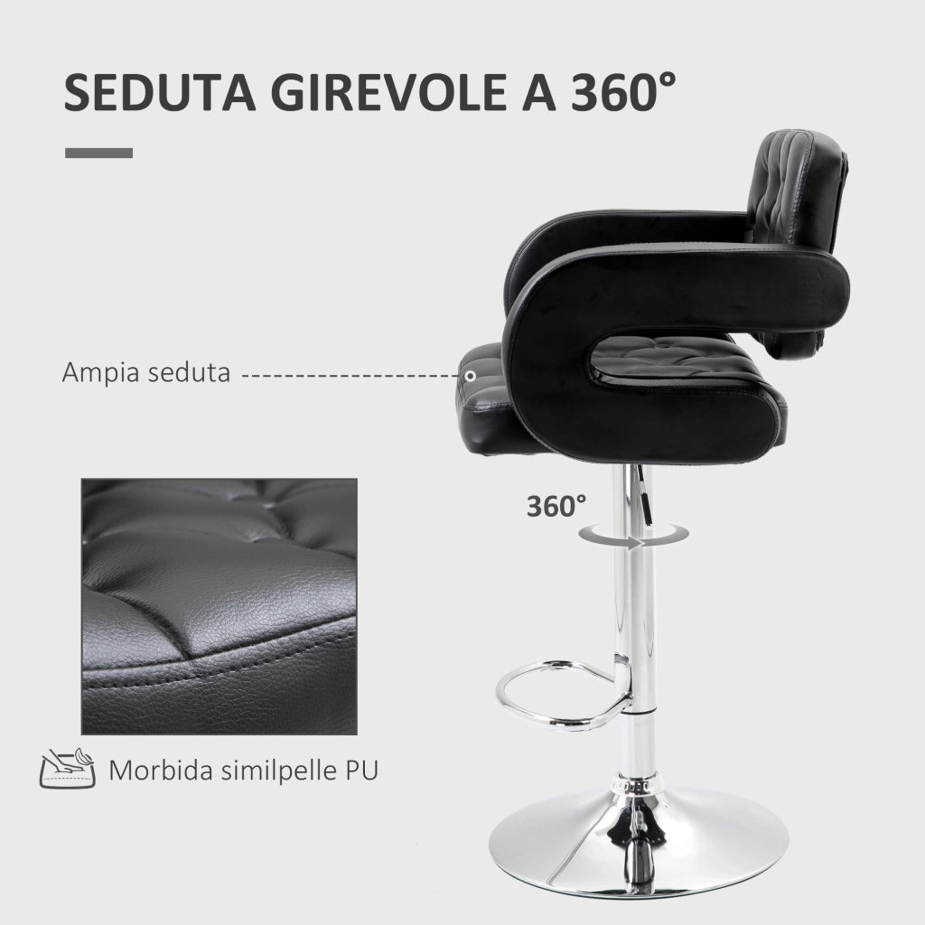 Sgabello da Bar Alto con Schienale e Braccioli, Girevole con Altezza Regolabile e Poggiapiedi, Finta Pelle Nera