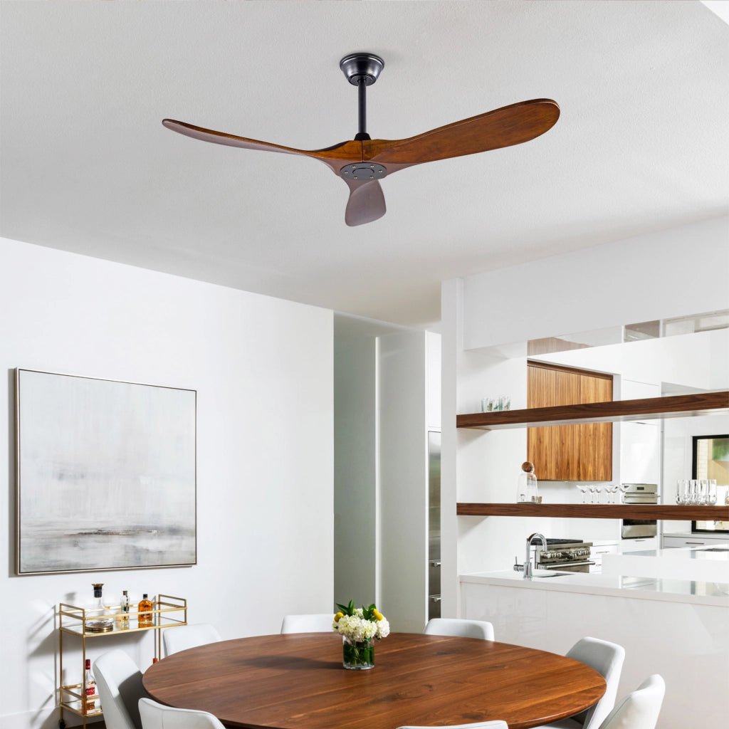 Ventilatore da soffitto 52 pollici, 3 pale legno, design ad elica, funzione memoria, telecomando, finitura noce, per terrazze e soggiorni