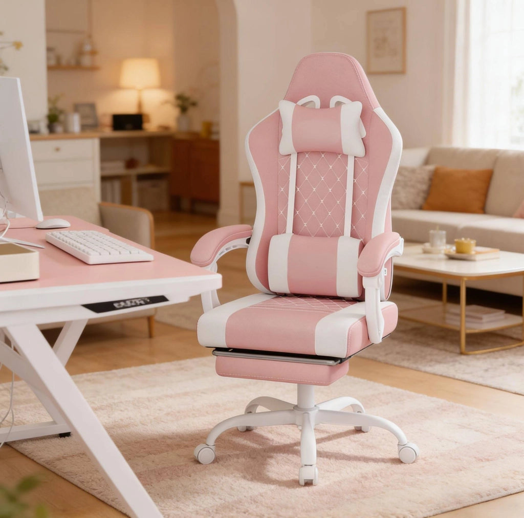 Sedia da ufficio ergonomica rosa e bianca con massaggio