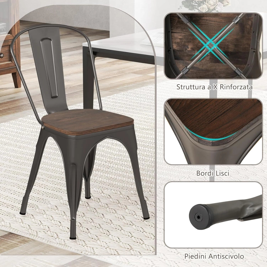 Set di 4 Sedie da Pranzo Impilabili 53 x 44,5 x84 cm, Sedie da Bar con Schienale Alto, Struttura in Legno e Acciaio, Ideale per Balcone, Cortile e Ristorante (Bronzo)