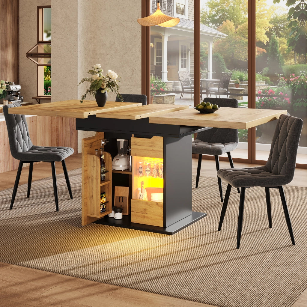 Tavolo da Pranzo per 4-6 Persone con Allunga; LED; Vano Contenitore e Ante in Vetro; MDF; 110-140x80x76 cm