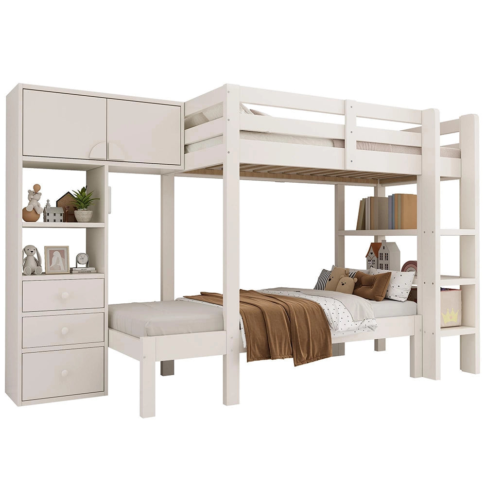 Letto a castello-Xylo-90x200cm, luce notturna, armadio, scaffale, bianco