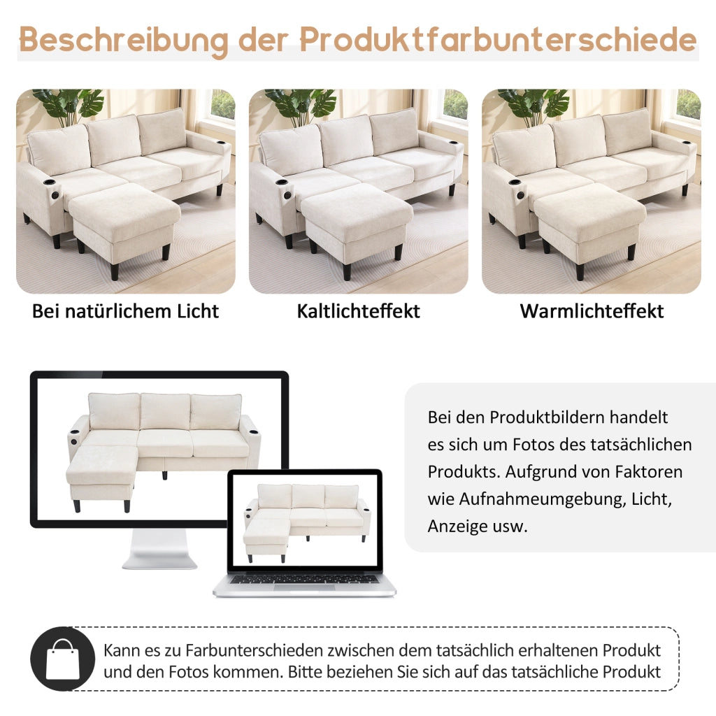 OKWISH Divano ad Angolo con USB e USB-C, Portabicchieri e Tasche Laterali, Pouf Modulare, Lino Beige 202 x 137 x 80 cm