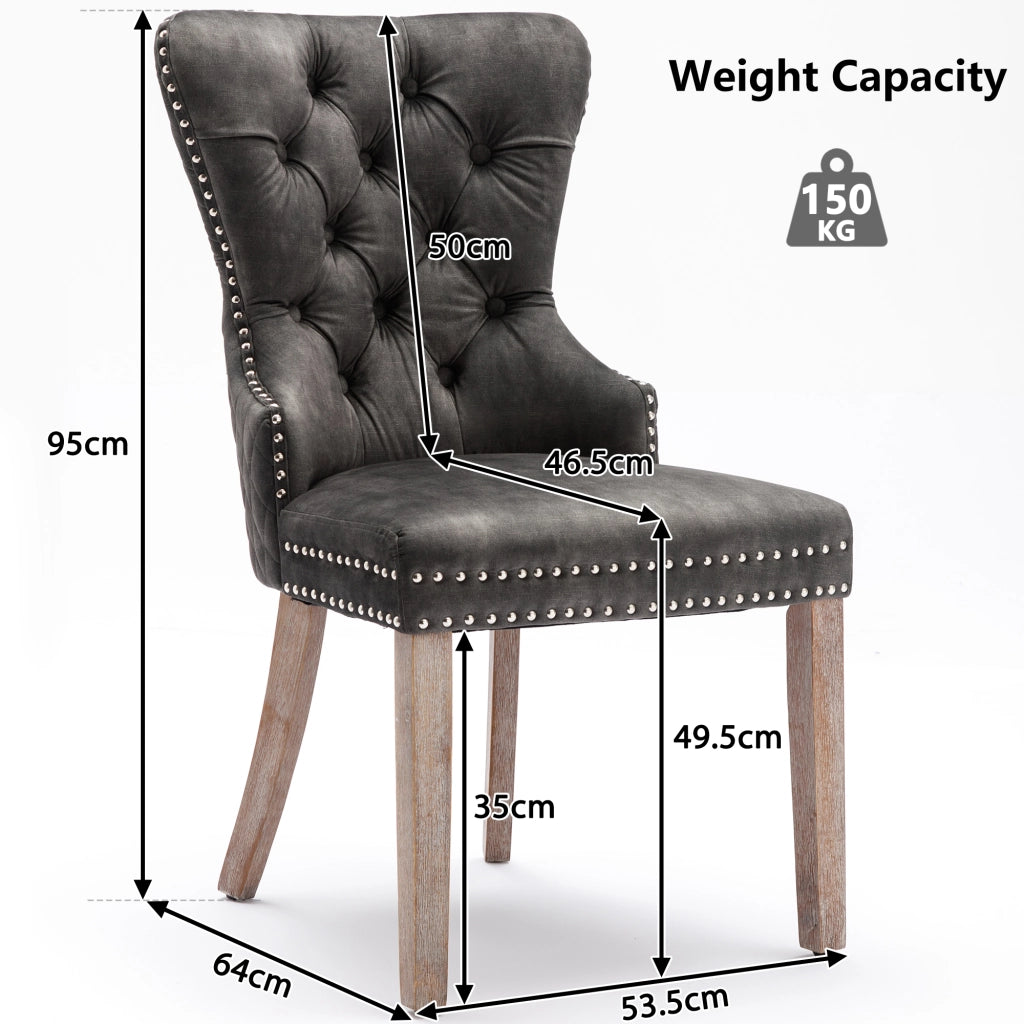 Sedia da pranzo imbottita con gambe regolabili e borchie decorative e manico posteriore in velluto grigio