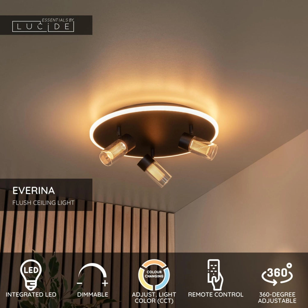 Faretto soffitto LED 3 luci nero Lucide EVERINA