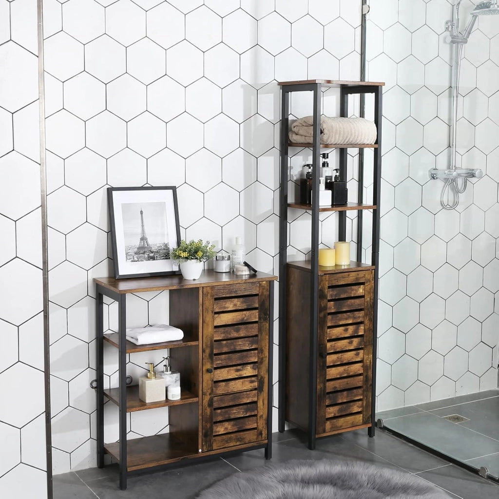VASAGLE Armadietto Autoportante in Stile Industriale, Scaffale Mobiletto da Bagno, Credenza con 3 Ripiani, Alto e Multifunzionale in Soggiorno, 37 x 30 x 167 cm, Vintage LSC37BX